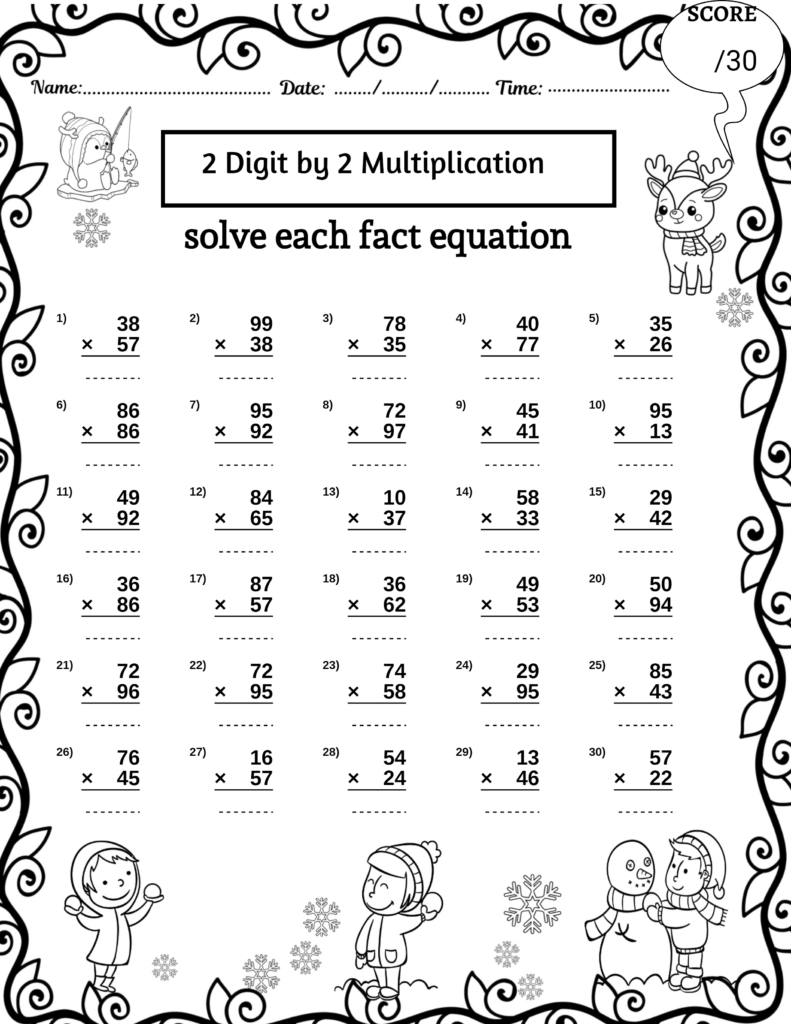 A winter-themed two-digit multiplication worksheet with 30 vertical multiplication problems, answer lines, and snowflake and character decorations.