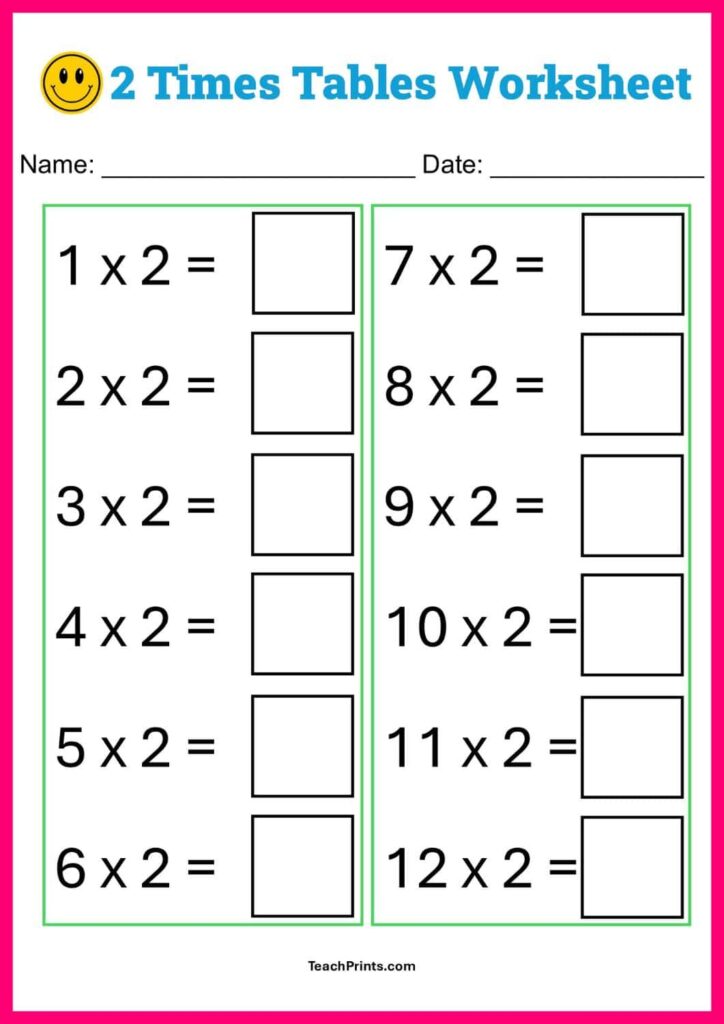 A 2-times-table worksheet with multiplication problems from 1 × 2 through 12 × 2, blank answer boxes, and lines for a name and date.