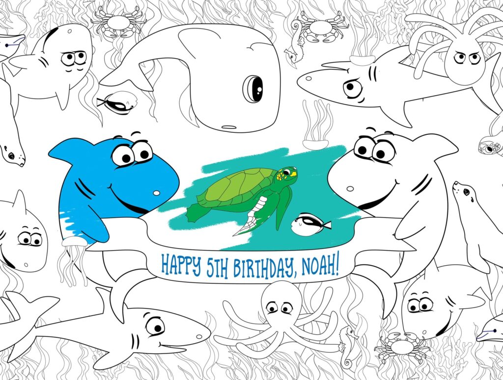 Underwater birthday coloring page featuring sea animals around a banner reading “Happy 5th Birthday, Noah!” A sea turtle swims across a colored turquoise patch in the center.