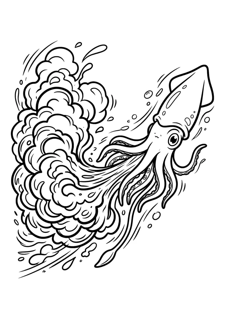 Black-and-white coloring-page illustration of an octopus swimming through swirling water, with detailed tentacles and bubbles.