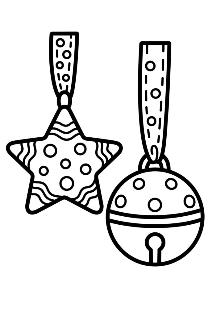 Black-outline coloring page showing a star-shaped ornament and a round ornament with decorative dots, stripes, and hanging loops.