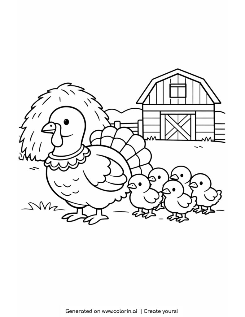 Black-and-white coloring page showing a large turkey with fanned tail feathers beside several chicks, with a barn and haystack in the background.