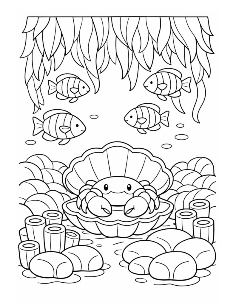 Underwater coloring page featuring a smiling crab inside a large scallop shell, with fish, seaweed, rocks, and tube-shaped corals.