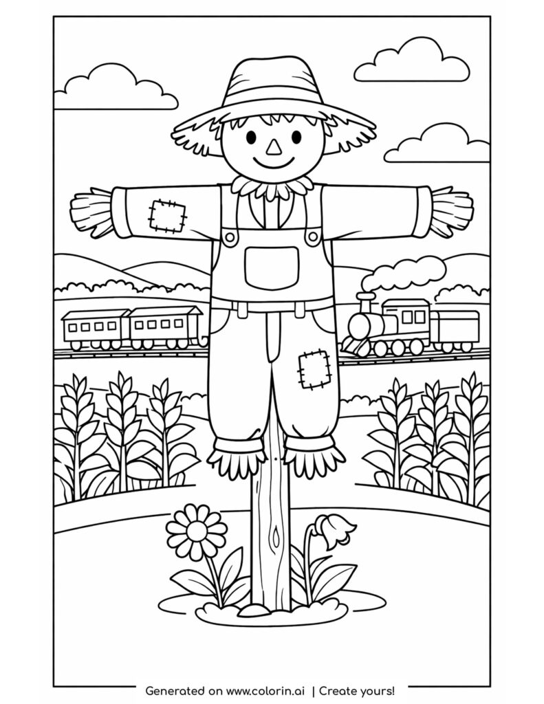 A scarecrow with a wide hat, patched clothes, and outstretched arms stands in a field with crops, flowers, clouds, and a passing train.