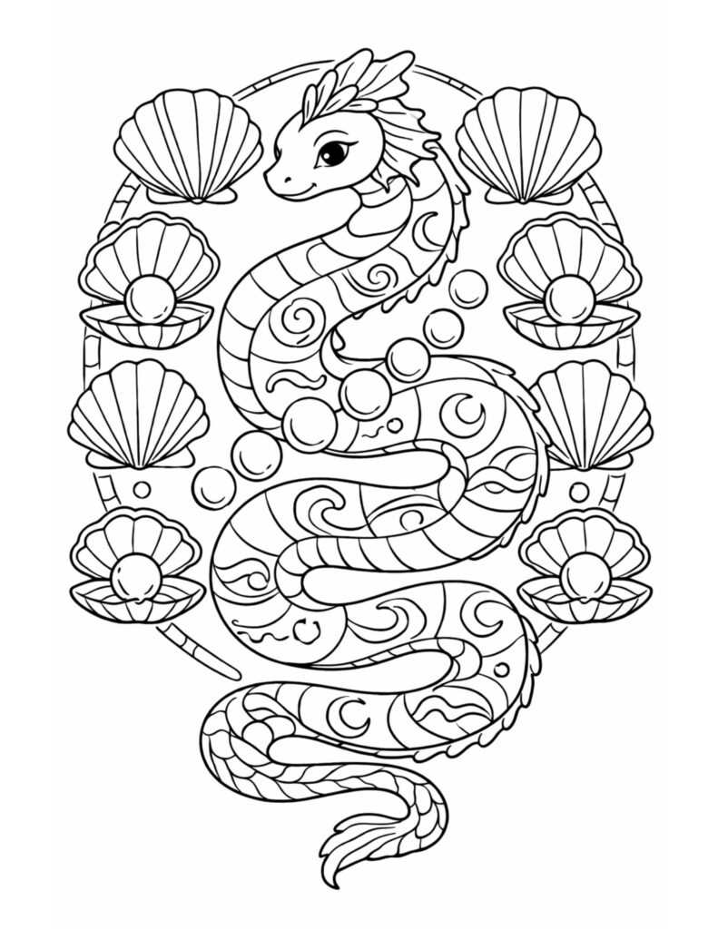 Black-and-white coloring page with a coiled sea dragon surrounded by scallop shells, open pearl-bearing shells, and bubbles.