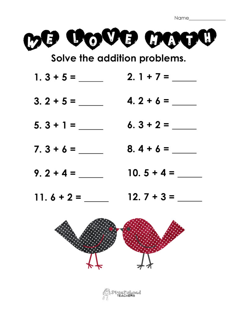 An addition worksheet with twelve numbered single-digit problems and blank answer lines, headed “We Love Math,” with two polka-dot birds at the bottom.