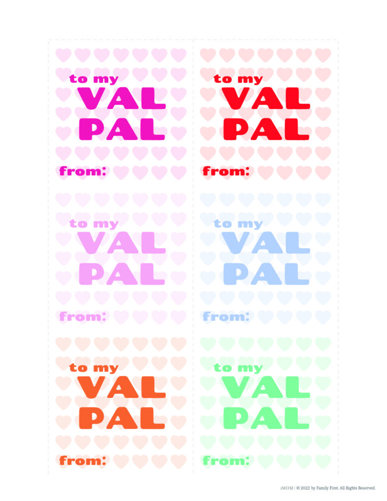 A printable sheet of six heart-patterned “to my VAL PAL” cards in pink, red, purple, blue, orange, and green, each with a blank “from” line.