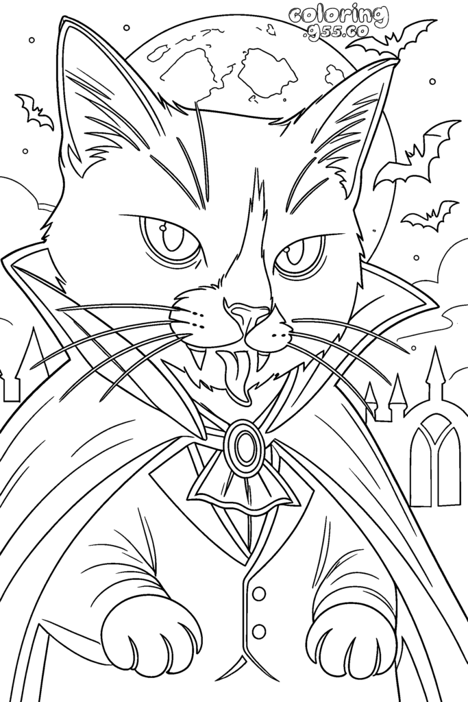 A vampire cat in a cape and medallion, with bats, a full moon, and a spooky castle behind it.