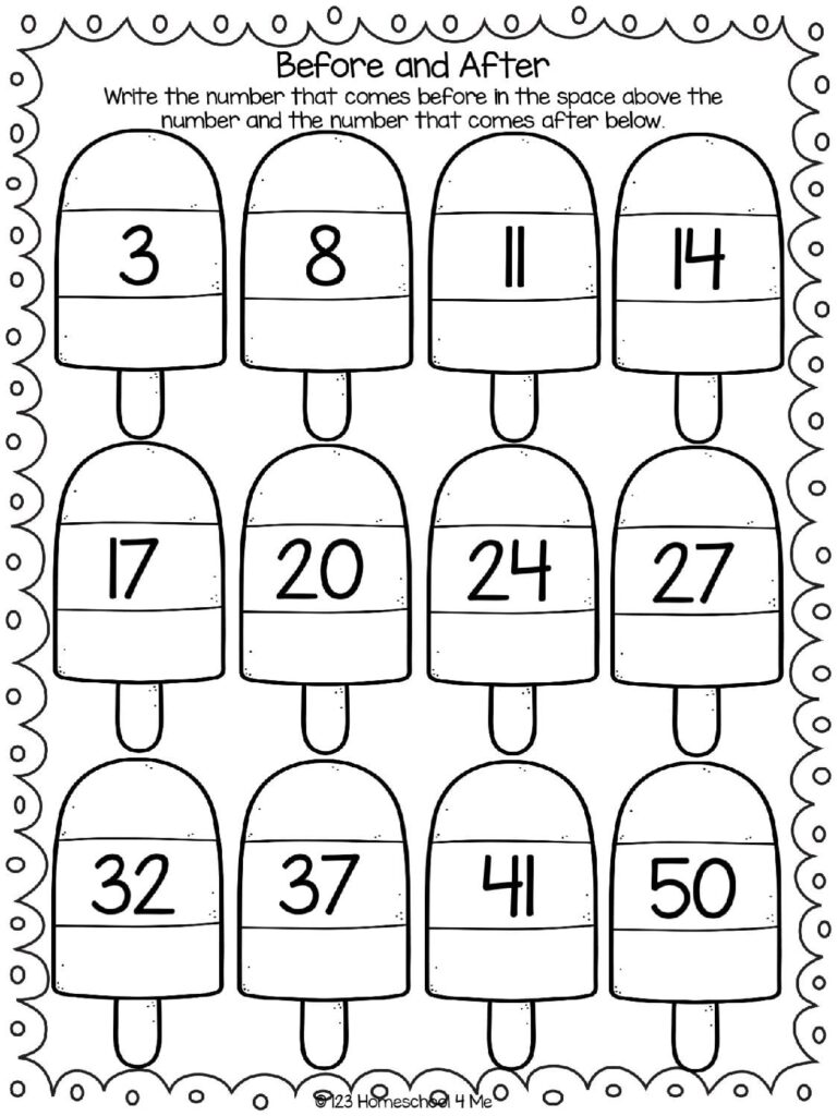 A black-and-white “Before and After” worksheet shows twelve popsicles labeled with numbers; students write the preceding and following numbers in the blank spaces.