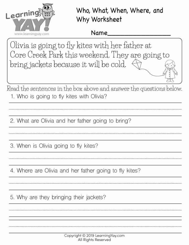 Reading-comprehension worksheet with a short passage about Olivia flying kites with her father, followed by five who, what, when, where, and why questions.