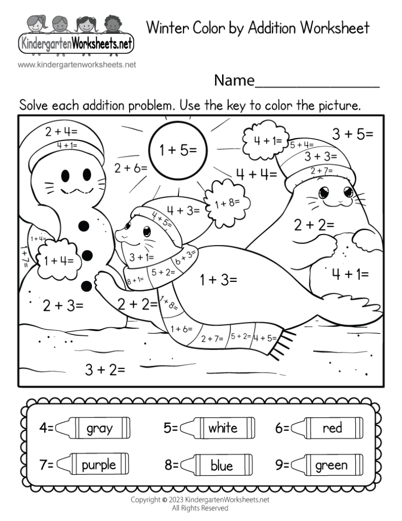 Winter addition coloring worksheet showing cartoon seals divided into sections labeled with sums, plus a crayon key matching answers to colors.