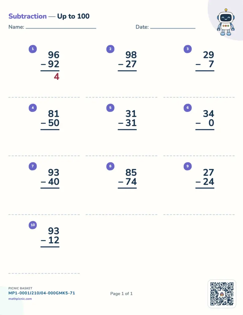 A subtraction worksheet titled “Subtraction — Up to 100,” with ten numbered two-digit subtraction problems, name and date lines, and a small robot illustration.