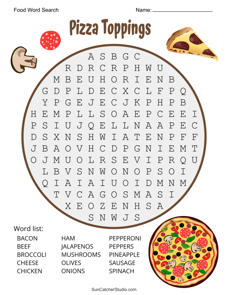 Pizza toppings word-search worksheet with a large letter grid, a list of food words, and illustrations of pizza toppings and a pizza.