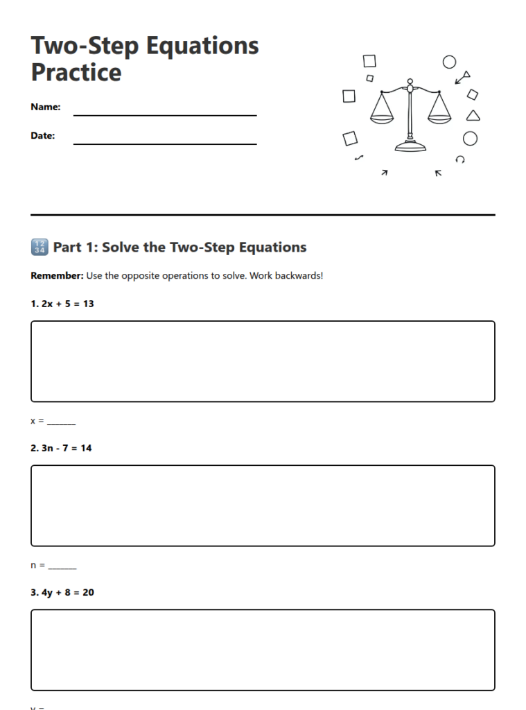 A two-step equations worksheet with three problems to solve, large work boxes, and lines for writing each answer.