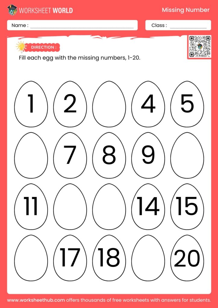 A missing-number worksheet with 20 outlined egg shapes arranged in four rows, showing numbers 1–20 with several blanks to fill in.