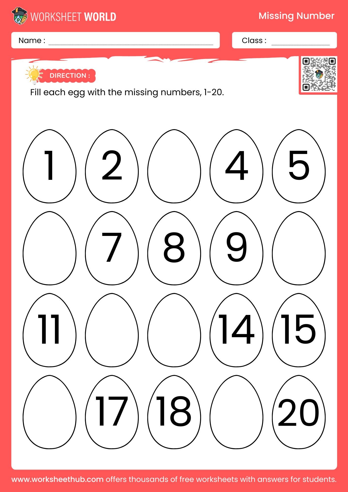A missing-number worksheet with 20 outlined egg shapes arranged in four rows, showing numbers 1–20 with several blanks to fill in.
