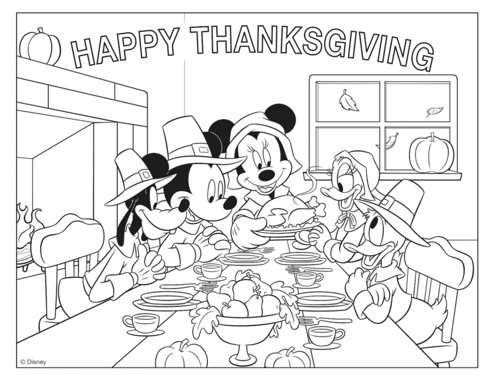 Thanksgiving coloring page showing Mickey and friends gathered around a dinner table with a turkey, pumpkin, and the words “Happy Thanksgiving.”.