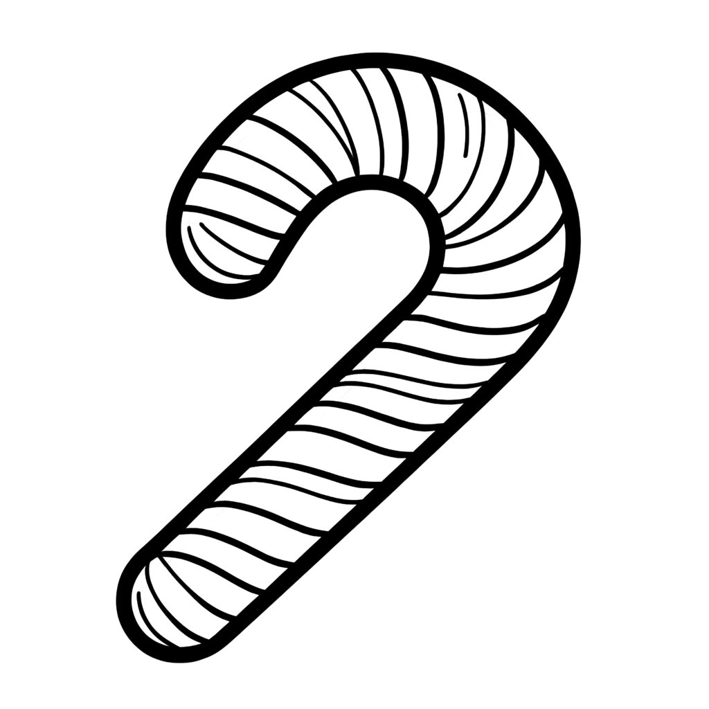 Black-and-white outline drawing of a curved candy cane with striped sections, suitable for coloring.
